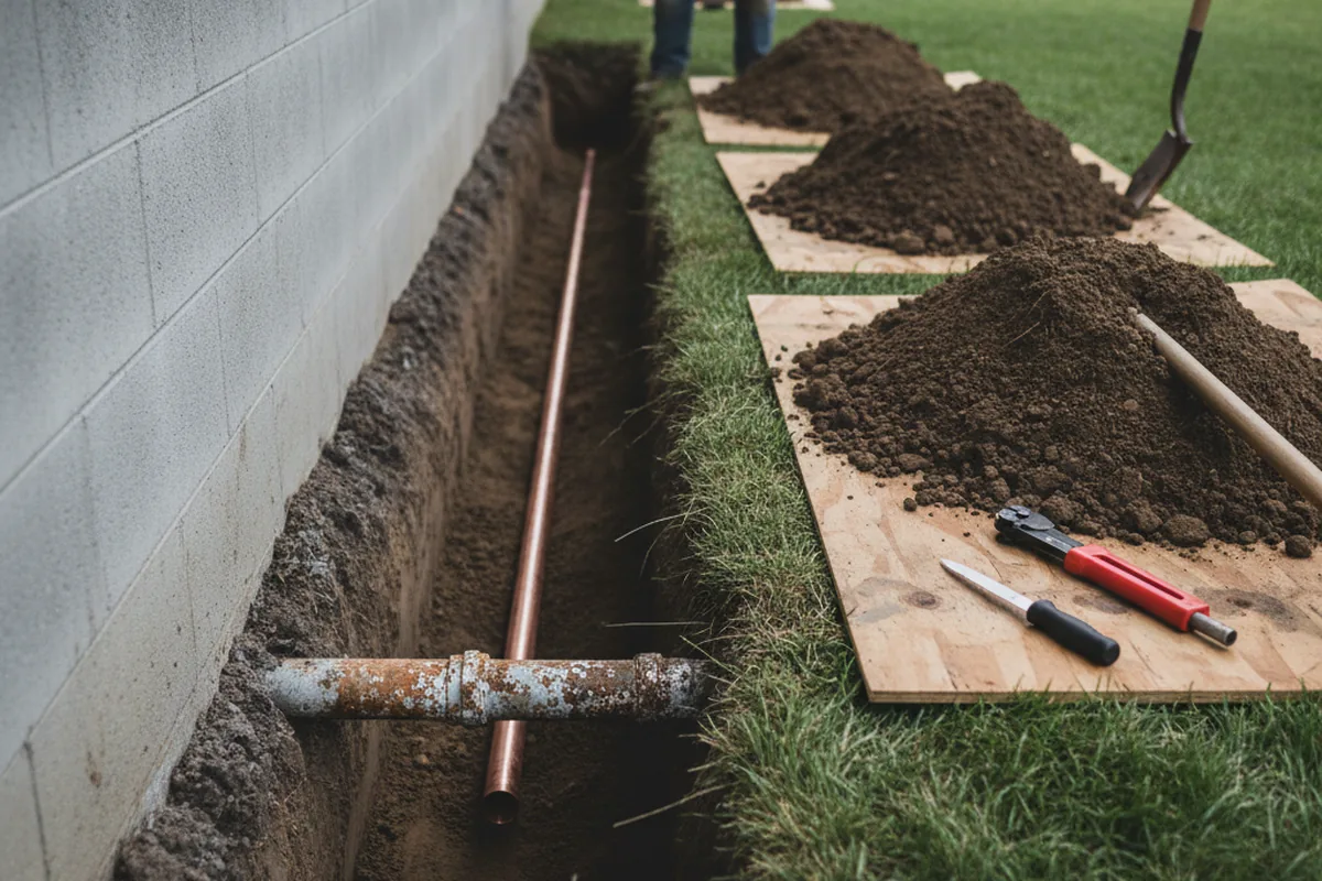 Excavated water line trench during Water Heater Repair in Annville